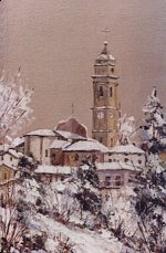 Aldo Actis Caporale:  "Sul  borgo antico, attorno alla chiesa parrocchiale si staglia il campanile" 